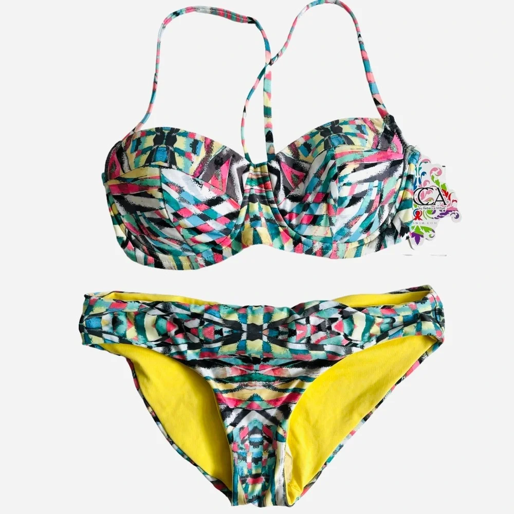 BECCA By Rebecca Virtue Paisley 2 Piece Bikini Top Bottom Set Yellow Size Small